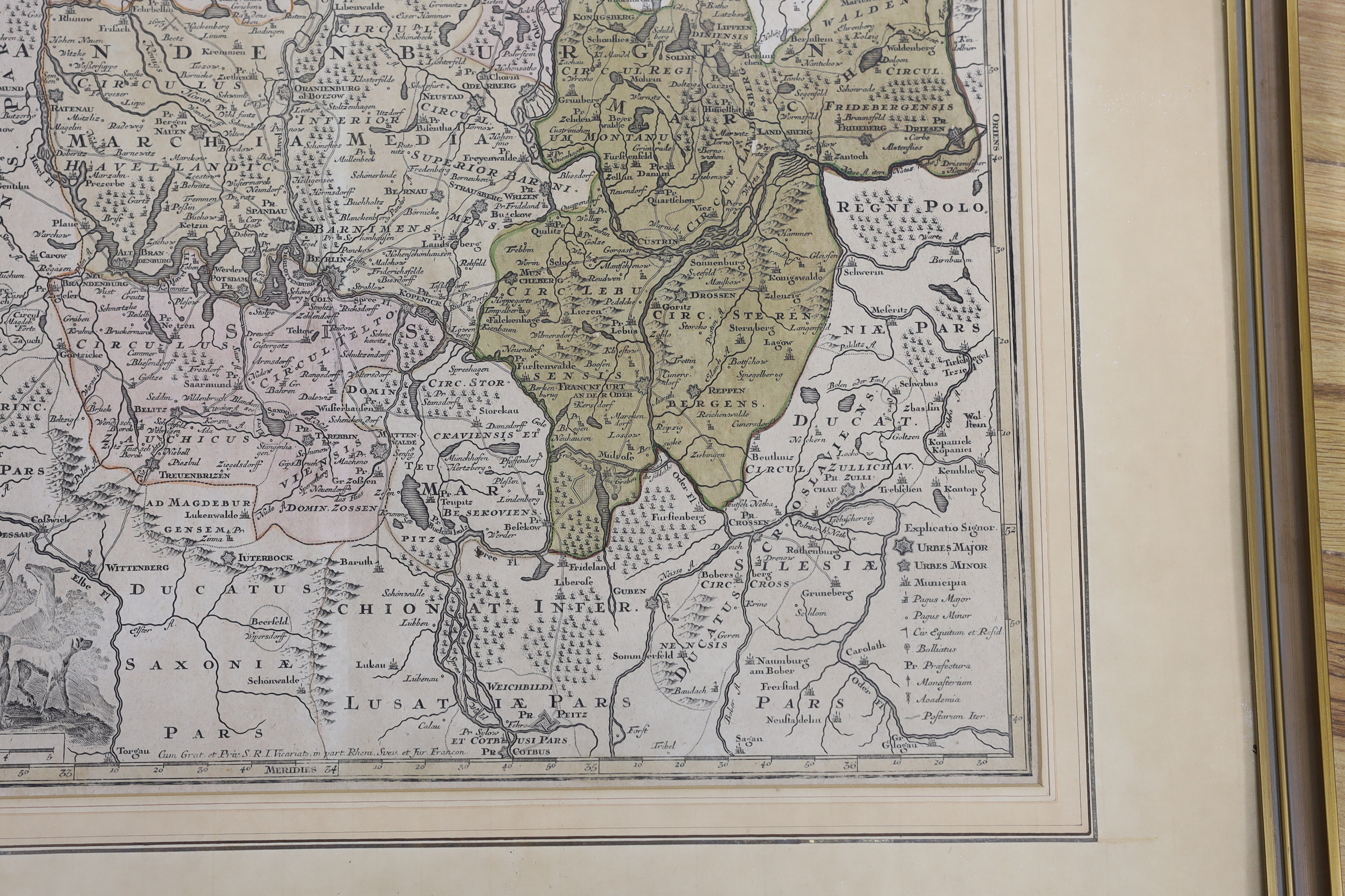 A framed hand coloured engraving, Map of Brandenburg, by Mattheus Seutter, c.1730, 57 x 50cm